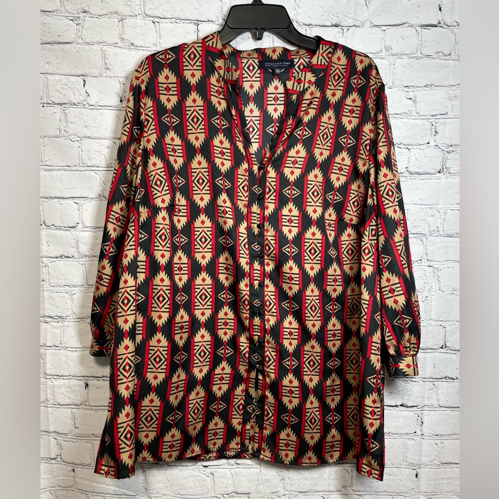Jones New York V Neck Aztec Print Lightweight 3/4 Sleeve Blouse Size 1X
